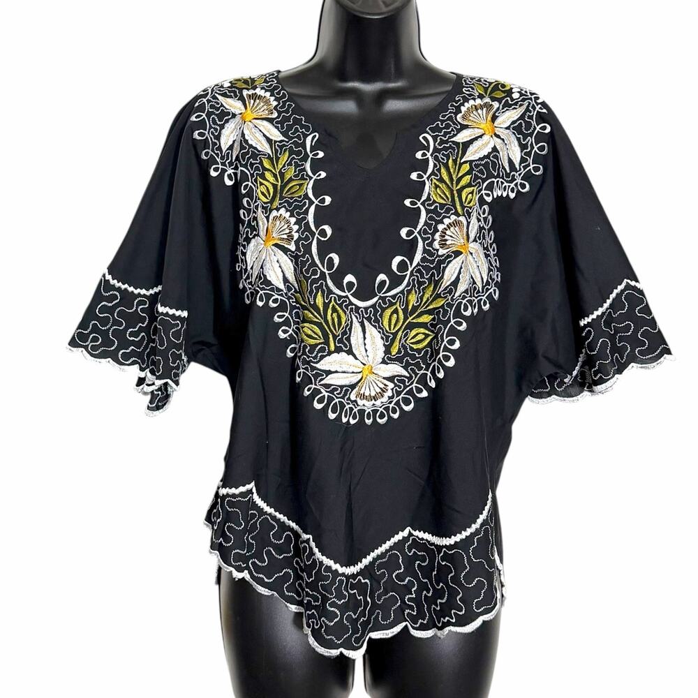 VTG Creaciones La Aguja Costa Rica Ornate Embroidered Peasant Top Boho Black M